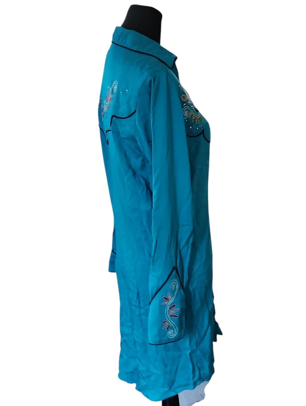 Wrangler Western Shirt Dress Small Turquoise Blue Long Sleeve Rodeo Embroidered - Picture 8 of 11